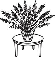 Bouquet of lavender flowers in vase on table. illustration. vector