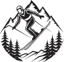 a drawing of a skier on a white background with a black and white image of a skier wearing a helmet. vector