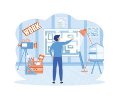 Man architect drawing house project floor plan at draftsman studio with adjustable drawing board desk. Engineer office room workshop. flat modern illustration vector
