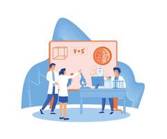 People in white coat, chemical researchers with laboratory equipment. Of scientist in laboratory, science experiment in lab. flat modern illustration vector