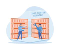 Service engineers administrators set up data centers. Of setting process. Data center services concept. flat modern illustration vector