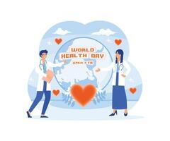 mundo salud día con masculino médico y hembra doctor. plano moderno ilustración vector