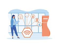 Smart home, intelligent home technology online connecting home appliances with smartphone. Woman using digital tablet control electronic home devices. flat modern illustration vector