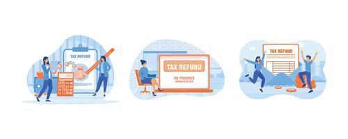 Two female making tax refund. Business people with online Tax Refund status on the laptop computer. Happy people getting paid money back. Set flat modern illustration vector