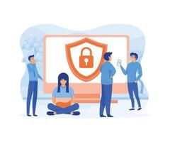 datos seguridad. personas y computadora con proteger y cerrar con llave. computadora seguridad, datos proteccion, privacidad, digital información seguridad, la seguridad cibernética conceptos. plano moderno ilustración vector