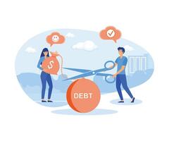 Businessman helped girl get out of debt. Man cuts chain with load with large scissors. Helped debtor to solve financial problems. Woman freed from monetary obligations. flat modern illustration vector