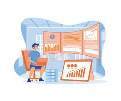 Man Working In Data Center Room Hosting Server Computer Monitoring Information Database. flat modern illustration vector