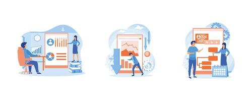 Market research online service or platform. Decline stage online service or platform. Competitor analysis online service or platform. Set flat modern illustration vector