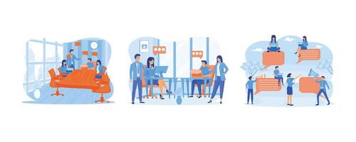Team of people sitting at desk with laptops working together. Coworking, teamwork concept. A group of people communicates through the Internet social networks. Set flat modern illustration vector