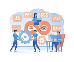 DevOps concept. Programmers practice of development and software operations. Developer working on operations process, technical support, programming code. flat modern illustration vector