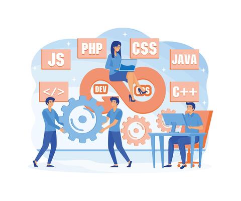 DevOps concept. Programmers practice of development and software operations. Developer working on operations process, technical support, programming code. flat modern illustration