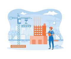 Architect Holding Blueprints near Construction. Engineer Talking on Phone near New Building. Man with Project in Helmet and Suit. Crane Constructing House. flat modern illustration vector