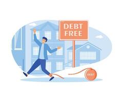 Debt free. Cheerful man with broken chains celebrating financial independence with victorious gesture. Debtor happy after paying off debts, bank loans. flat modern illustration vector