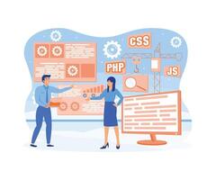 Web development concept. Developers team construct web application scene. Full stack development, software engineering, design and programming. flat modern illustration vector