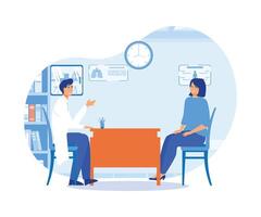 Medicine concept with doctor and patient. Practitioner doctor man and young woman patient in hospital medical office. flat modern illustration vector