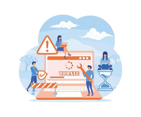 System Update. Tiny programmers upgrading operating system. Technical error and service. Computer laptop screen with updating progress bar. flat modern illustration