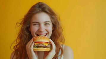 A woman eats a hamburger, unhealthy food, isolated background photo