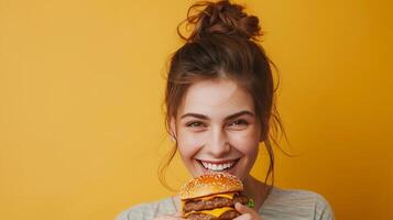 un mujer come un hamburguesa, insalubre alimento, aislado antecedentes foto