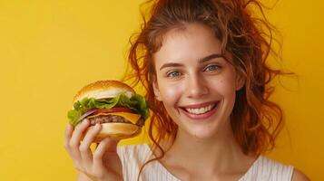 un mujer come un hamburguesa, insalubre alimento, aislado antecedentes foto