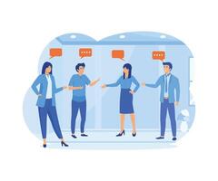 Discussion, team communication conversation, coworker chat, opinion concept, business team coworkers discussing work in meeting with speech bubbles. flat modern illustration vector