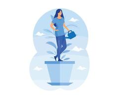 Personal growth concept. Tiny woman in flowerpot watering herself. Metaphor growth personality as plant. Self improvement and self development. flat modern illustration vector