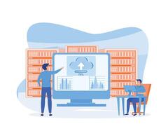 Business technology cloud computing service concept and datacenter storage server connect on cloud with administrator and developer team working on dashboard monitor concept. flat modern illustration vector