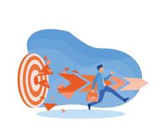 Super businessman running and breaking target archery to Successful. Business superhero rushing on the arrow to the target, business goal and success. flat modern illustration vector