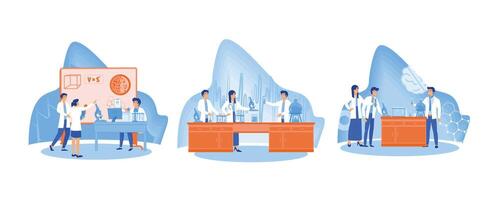 People in white coat, chemical researchers with laboratory equipment. Scientific research. Of scientists two men and woman working at science lab. Set flat modern illustration vector