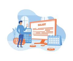 Salary concept. Male worker looking at his salary on handphone while standing with computer , calendar, and stack of coins. flat modern illustration vector