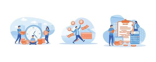 Work Payment Salary. Payroll, annual bonus, income, payout with paper calculator and people. Salary concept. Set flat modern illustration vector