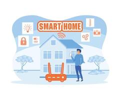 Smart home application, Program on smartphone for security camera, Electric appliance control, Router Wi-Fi internet connected to modern house and building monitoring. flat modern illustration vector