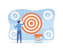 Purpose KPI, key performance indicator or set objective and achievement concept, ambitious businessman on ladder using paint roller to paint big dartboard. flat modern illustration vector