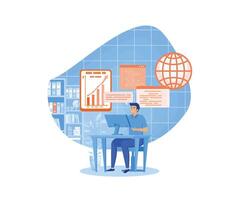 Man working with big data and databases, using laptop and excel tables. Office worker making analysis and report with spreadsheets on computer. flat modern illustration vector