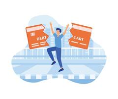 Trap of credit card debt concept. young man happy after paying off credit card debt. flat modern illustration vector