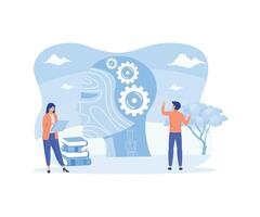 Business with Gears at Huge Cyborg Head. Artificial Intelligence, Machine Learning and Training Concept. flat modern illustration vector