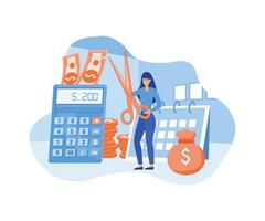 Successful businesswoman cuts heavy taxes with scissors. Tax deduction. Concept of tax return, optimization, duty, financial accounting. flat modern illustration vector