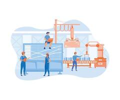 A production with workers, automation and user interface concept user connecting with a tablet and sharing data with a cyber physical system. flat modern illustration vector