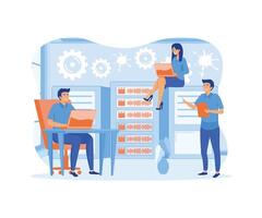 System administrators or sysadmins are servicing server racks. System administration, upkeeping, configuration of computer systems and networks concept. flat modern illustration vector