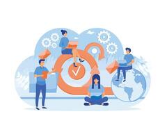 Scrum Framework concept. Scrum process diagram as agile software development scheme. Team discussing tasks at Kanban board and working on laptop. flat modern illustration vector