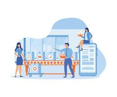 A production line with workers, automation and user interface concept. connecting, loading a smartphone and sharing media data with a system. flat modern illustration vector