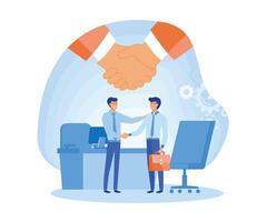 Jobseeker and employer sit at the table and talk. Good impression. Simple concept with working situation, recruitment or hiring. flat modern illustration vector