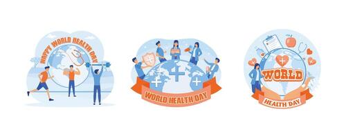 mundo salud día. un grupo de diverso personas alrededor el mundo líder un activo sano estilo de vida. mundo salud día en abril 7mo. conjunto plano moderno ilustración vector
