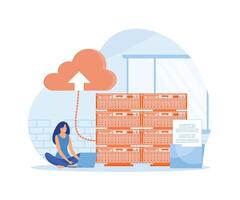 Server maintenance concept with people scene. Woman working as tech engineer and settings cloud computing at server racks room. flat modern illustration vector