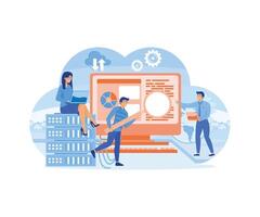 Web hosting or cloud computing poster with system admins. People maintain data technology software. Database storage service concept. flat modern illustration vector