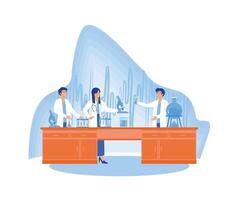 Scientific research. Scientist people wearing lab coats, science researches and chemical laboratory experiments. flat modern illustration vector