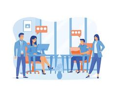 Team of people sitting at desk with laptops, working together. Meeting of colleagues. Coworking, teamwork concept. flat modern illustration vector