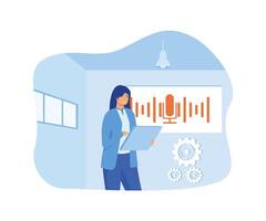 Personal online assistant. Office girl with laptop microphone dynamic icon, sound waves. Mobile app, web site concept for voice recognition landing page design. flat modern illustration vector