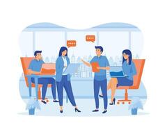 Work talk and discussion. People in office having business conversation with speech bubbles and digital devices in hands. flat modern illustration vector