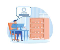 Server maintenance concept with people scene in. Man working at server rack hardware room, updates and optimization computer systems. flat modern illustration vector