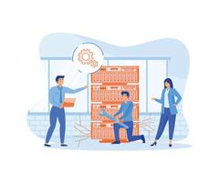 Team doing maintenance and repairs on a server device. server admin, database management staff. work and profession. flat modern illustration vector